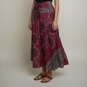 Boho Patchwork Large Maxi Skirt Tie Waist Burgundy Mandala Print Midi Dress